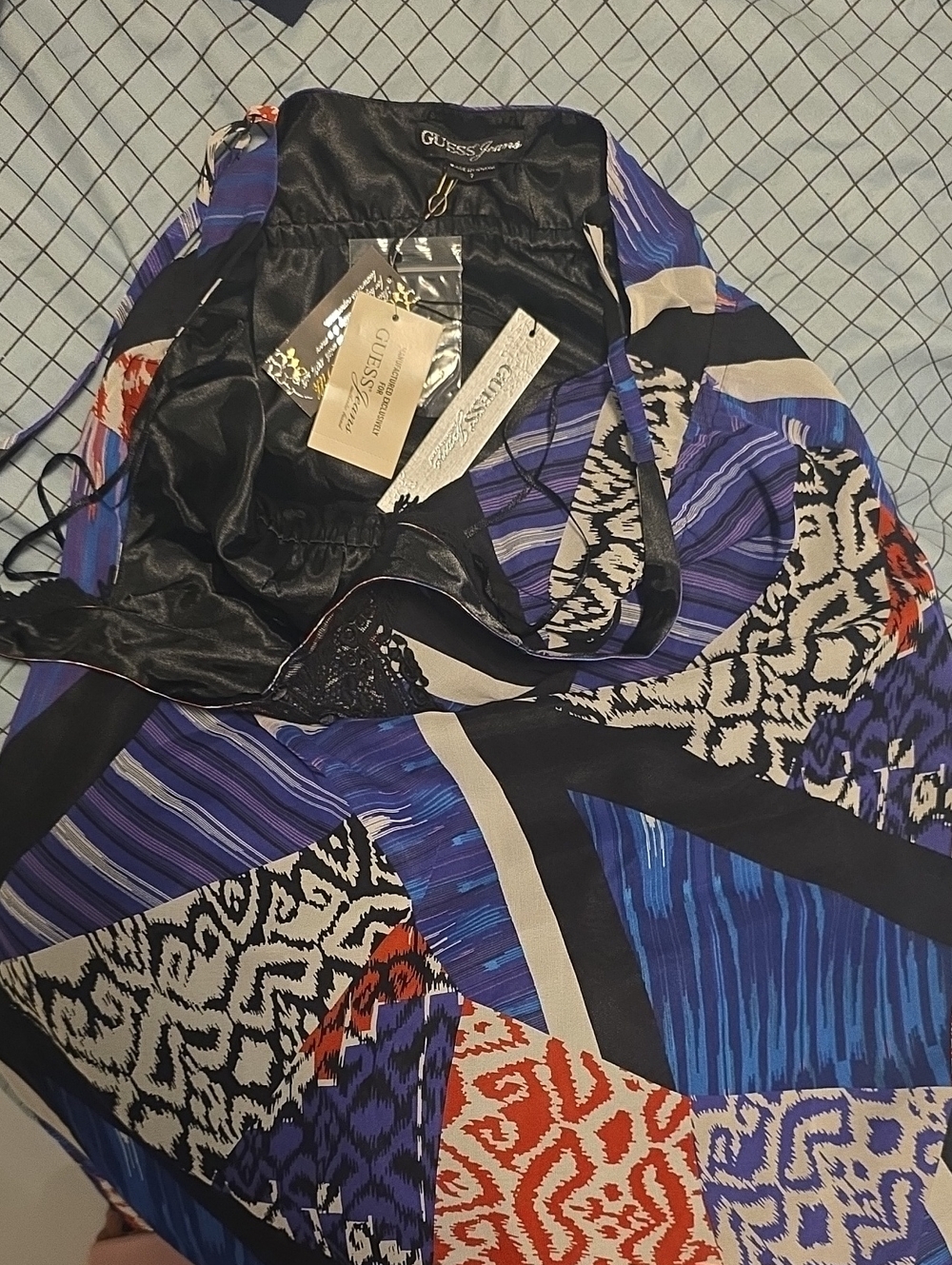 Guess Multi-Print Mini Dress in Blue, Black, Cream & Red